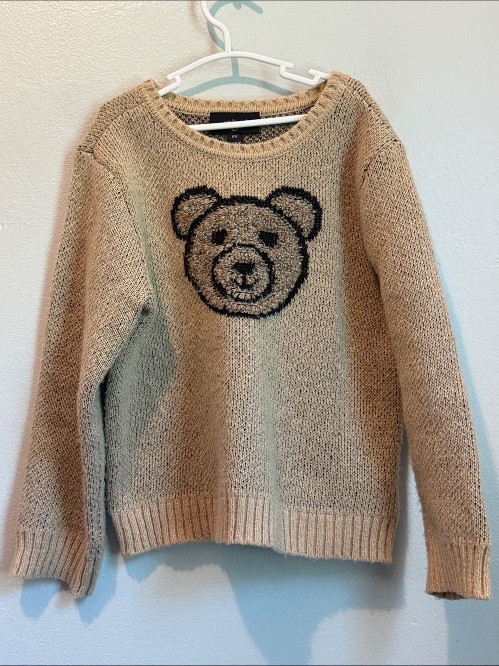 In girl 6X Cozy Beige Teddy Bear Crewneck Sweater Casual Knit